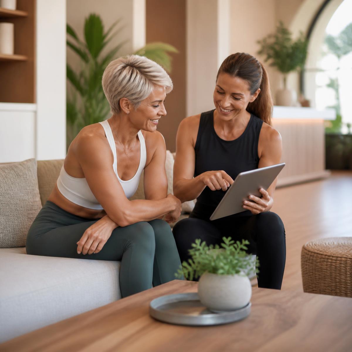A woman over 40 reviewing her personalized plan with her trainer in a boutique studio lounge